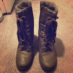 Grey Heeled Boot with Fuzzy Ankle